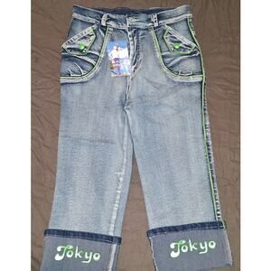 okyo Embroidered Denim Capris with Neon Green Trim - Size 2
